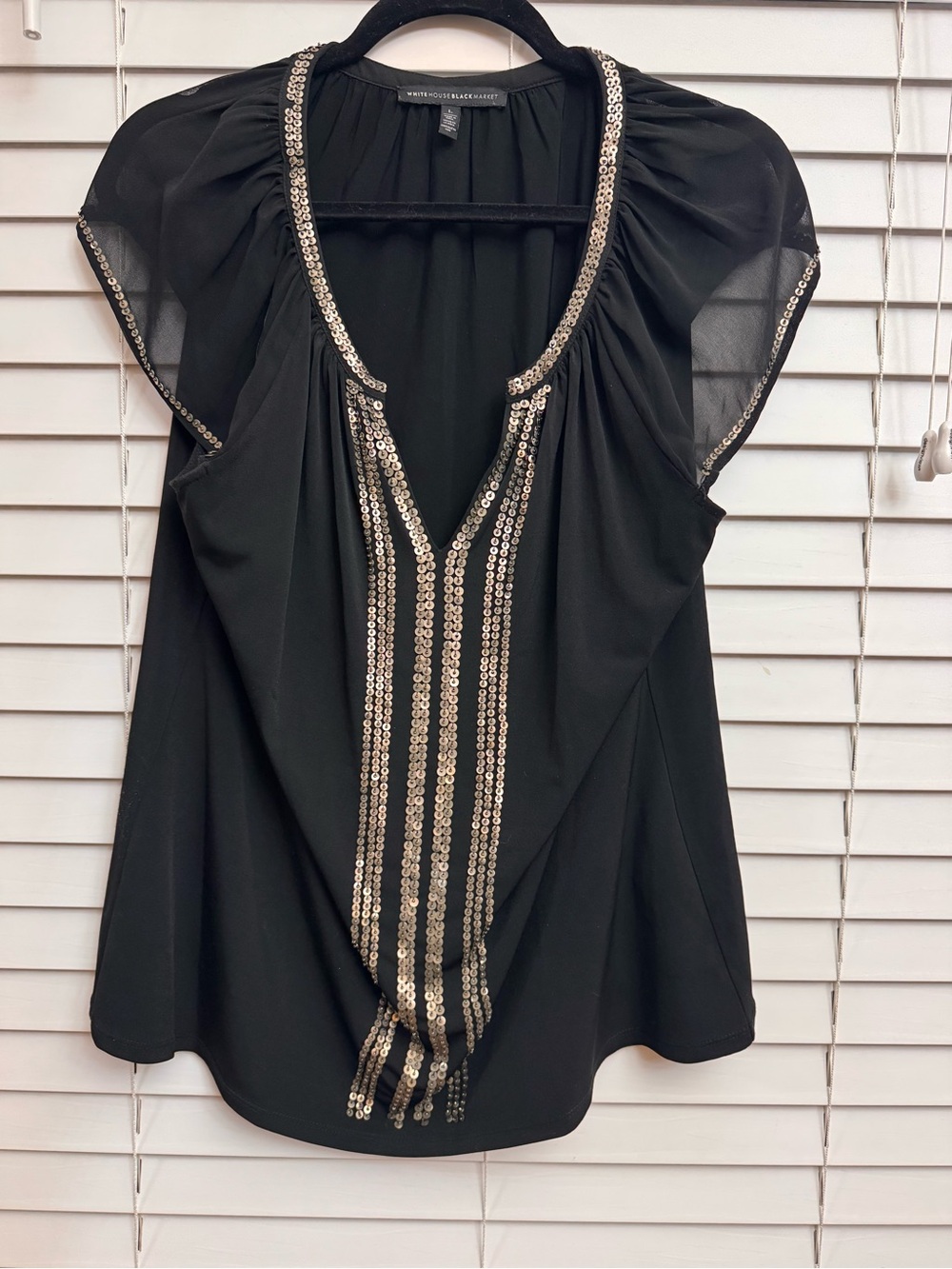 White House Black Market Black Sleeveless Blouse with Gold Sequin Trim